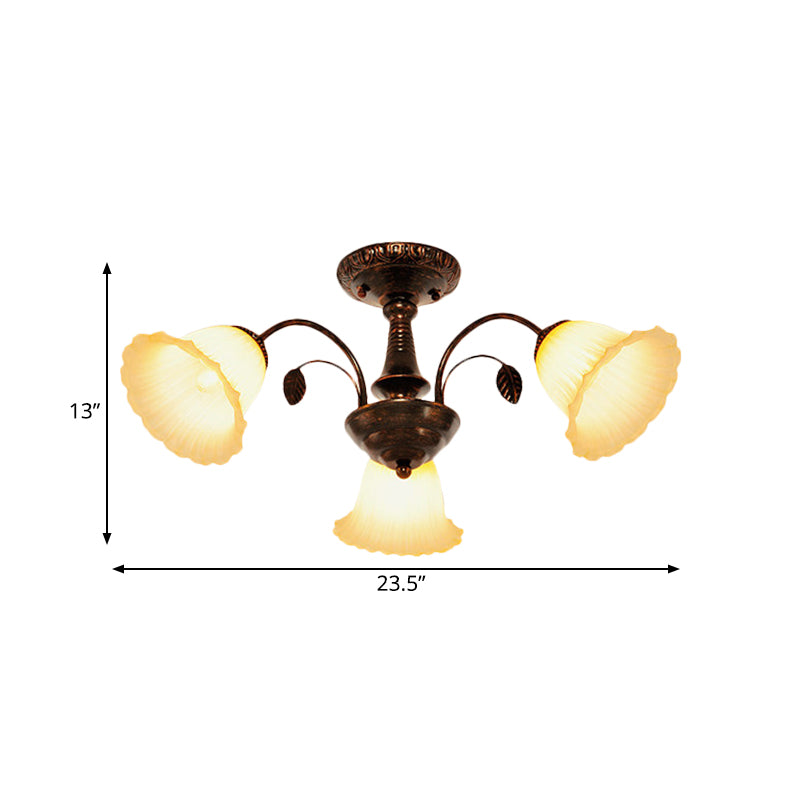 Bronze 3/5 Lights Semi Flush Countryside Frosted Glass Blossom Ceiling Mount Light Fixture for Bedroom Clearhalo 'Ceiling Lights' 'Close To Ceiling Lights' 'Close to ceiling' 'Glass shade' 'Glass' 'Semi-flushmount' Lighting' 816779