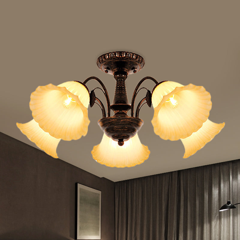 Bronze 3/5 Lights Semi Flush Countryside Frosted Glass Blossom Ceiling Mount Light Fixture for Bedroom 5 Bronze Clearhalo 'Ceiling Lights' 'Close To Ceiling Lights' 'Close to ceiling' 'Glass shade' 'Glass' 'Semi-flushmount' Lighting' 816780