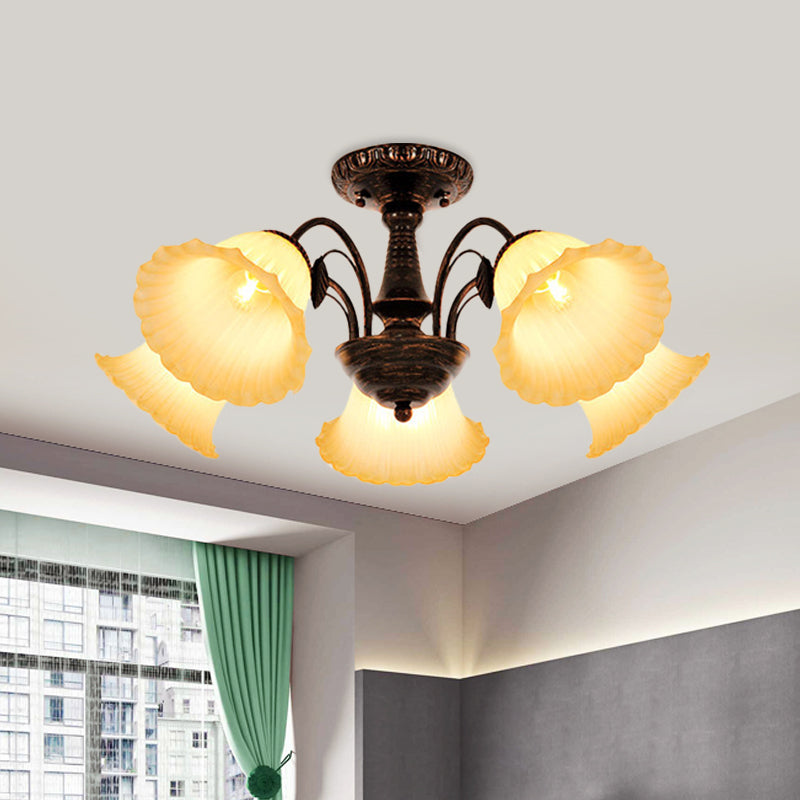 Bronze 3/5 Lights Semi Flush Countryside Frosted Glass Blossom Ceiling Mount Light Fixture for Bedroom Clearhalo 'Ceiling Lights' 'Close To Ceiling Lights' 'Close to ceiling' 'Glass shade' 'Glass' 'Semi-flushmount' Lighting' 816781