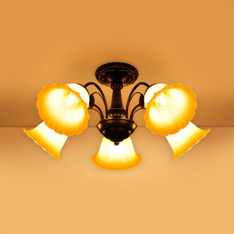 Bronze 3/5 Lights Semi Flush Countryside Frosted Glass Blossom Ceiling Mount Light Fixture for Bedroom Clearhalo 'Ceiling Lights' 'Close To Ceiling Lights' 'Close to ceiling' 'Glass shade' 'Glass' 'Semi-flushmount' Lighting' 816783