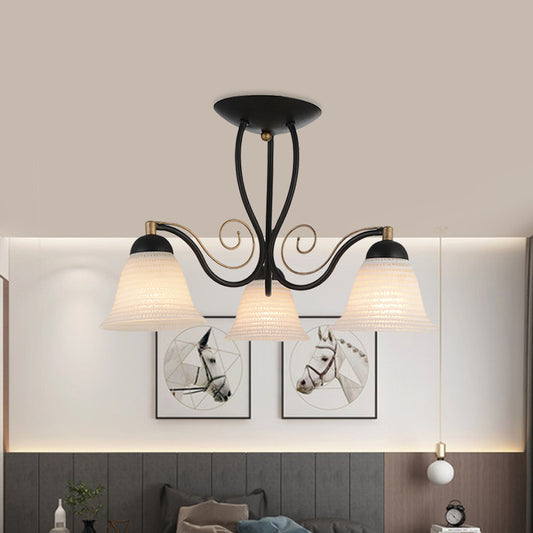 Bell Bedroom Semi Flush Mount Rustic Opal Glass 3 Heads Black Ceiling Light Fixture Clearhalo 'Ceiling Lights' 'Close To Ceiling Lights' 'Close to ceiling' 'Glass shade' 'Glass' 'Semi-flushmount' Lighting' 816832