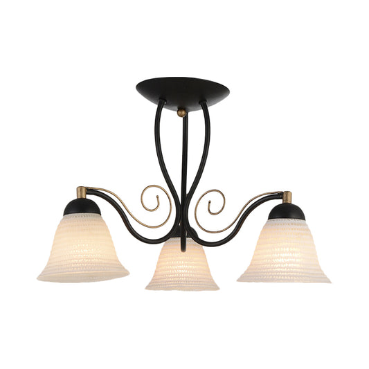Bell Bedroom Semi Flush Mount Rustic Opal Glass 3 Heads Black Ceiling Light Fixture Clearhalo 'Ceiling Lights' 'Close To Ceiling Lights' 'Close to ceiling' 'Glass shade' 'Glass' 'Semi-flushmount' Lighting' 816833