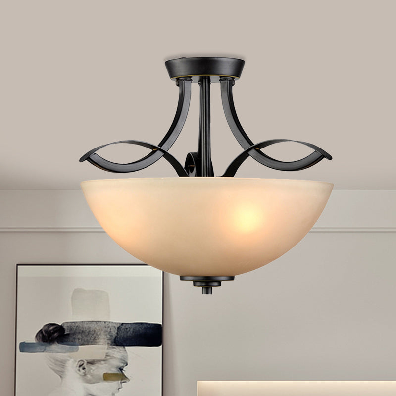 Frosted Glass Black Semi Flush Bowl 3-Bulb Rustic Ceiling Flush Mount Light for Bedroom Black Clearhalo 'Ceiling Lights' 'Close To Ceiling Lights' 'Close to ceiling' 'Glass shade' 'Glass' 'Semi-flushmount' Lighting' 816871