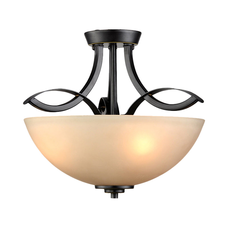 Frosted Glass Black Semi Flush Bowl 3-Bulb Rustic Ceiling Flush Mount Light for Bedroom Clearhalo 'Ceiling Lights' 'Close To Ceiling Lights' 'Close to ceiling' 'Glass shade' 'Glass' 'Semi-flushmount' Lighting' 816873