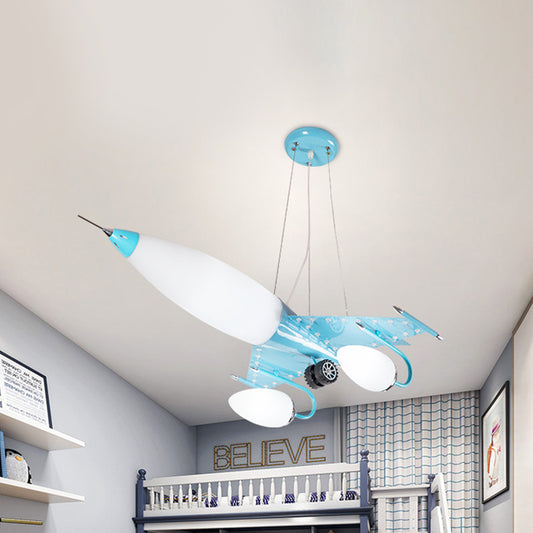 Cartoon Plane Hanging Chandelier Metallic LED Kids Bedroom Pendulum Light in Blue with Opal Glass Shade Clearhalo 'Ceiling Lights' 'Chandeliers' Lighting' options 817125