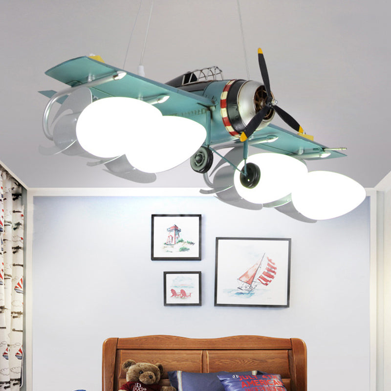 Cream Glass Bullet Chandelier Lamp with Aircraft Design Cartoon 4-Light Green Pendant Lighting Clearhalo 'Ceiling Lights' 'Chandeliers' Lighting' options 817128