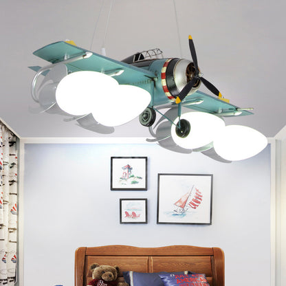 Cream Glass Bullet Chandelier Lamp with Aircraft Design Cartoon 4-Light Green Pendant Lighting Green Clearhalo 'Ceiling Lights' 'Chandeliers' Lighting' options 817128_ef736358-caaf-48b0-9c57-f6e1f43acfe4