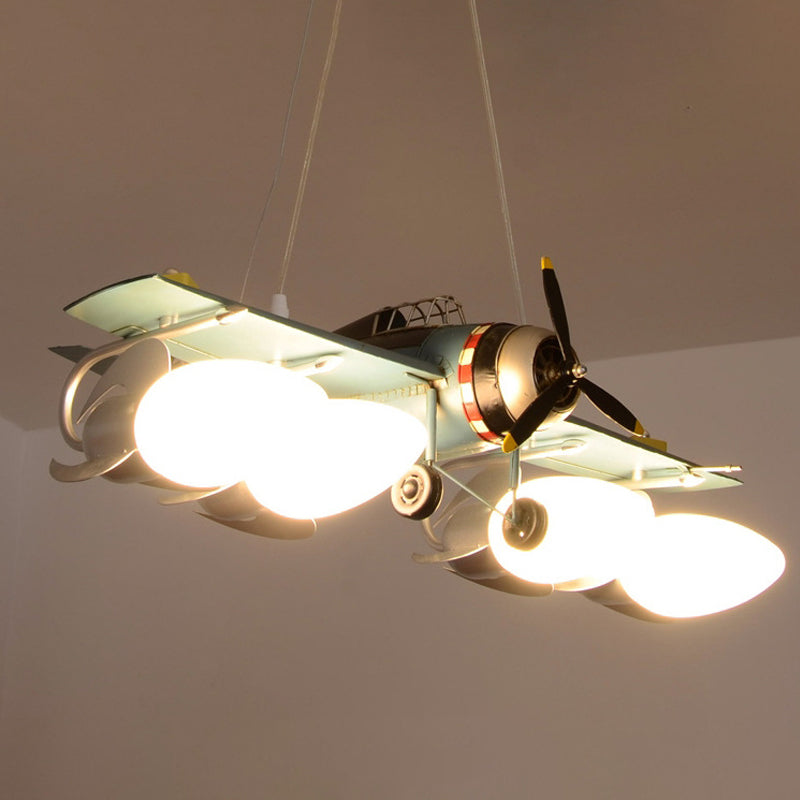 Cream Glass Bullet Chandelier Lamp with Aircraft Design Cartoon 4-Light Green Pendant Lighting Clearhalo 'Ceiling Lights' 'Chandeliers' Lighting' options 817129