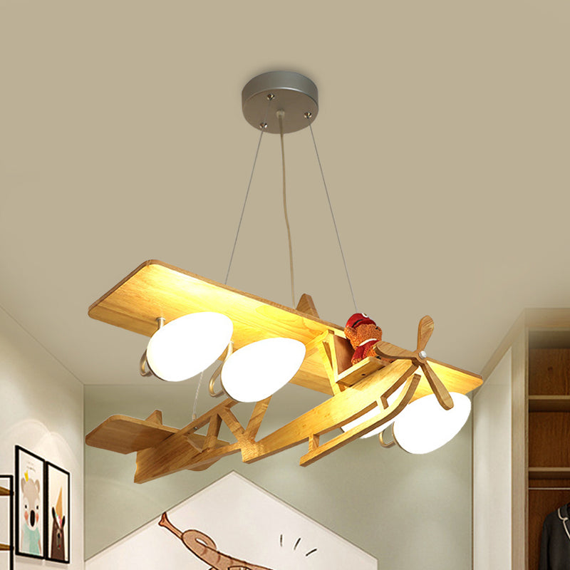 Aircraft Kids Bedroom Pendant Lighting Wood 4-Head Cartoon Chandelier in Beige with Bullet White Glass Shade Clearhalo 'Ceiling Lights' 'Chandeliers' Lighting' options 817136