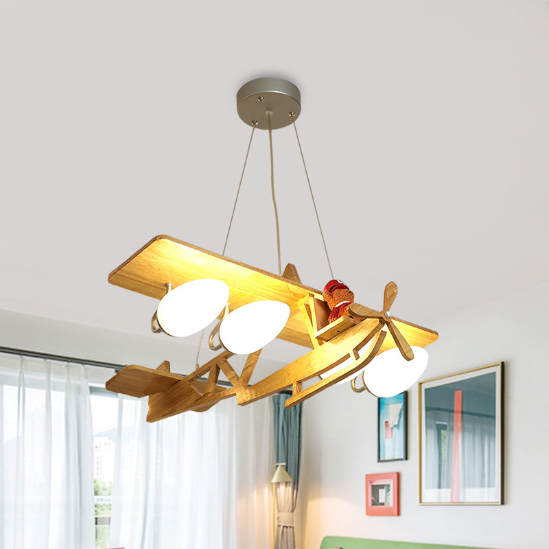 Aircraft Kids Bedroom Pendant Lighting Wood 4-Head Cartoon Chandelier in Beige with Bullet White Glass Shade Clearhalo 'Ceiling Lights' 'Chandeliers' Lighting' options 817137
