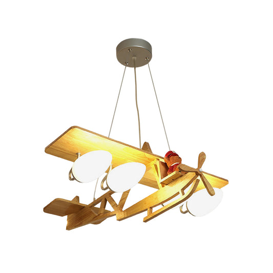 Aircraft Kids Bedroom Pendant Lighting Wood 4-Head Cartoon Chandelier in Beige with Bullet White Glass Shade Clearhalo 'Ceiling Lights' 'Chandeliers' Lighting' options 817138