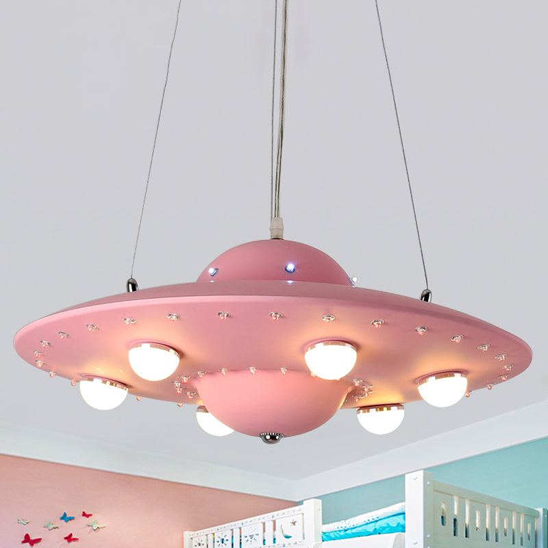 Nordic Flying Saucer Chandelier Light Metallic Child Bedroom LED Pendant Lamp Fixture in Grey/Pink/Blue Pink Clearhalo 'Ceiling Lights' 'Chandeliers' Lighting' options 817148_605b7064-a87f-4f9c-a677-45114136d6f9