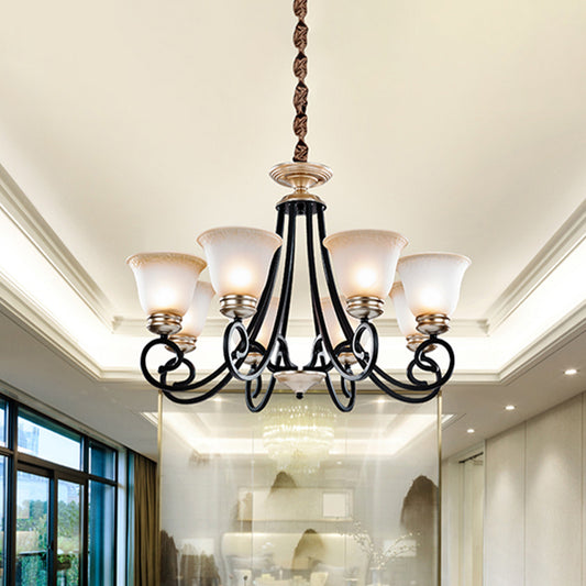 6/8 Heads Frosted Glass Chandelier Classic Black Flared Living Room Pendant Light with Scrolled Arm Clearhalo 'Ceiling Lights' 'Chandeliers' Lighting' options 817174