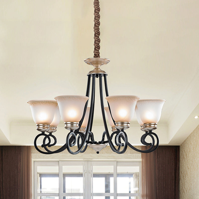 6/8 Heads Frosted Glass Chandelier Classic Black Flared Living Room Pendant Light with Scrolled Arm Clearhalo 'Ceiling Lights' 'Chandeliers' Lighting' options 817175