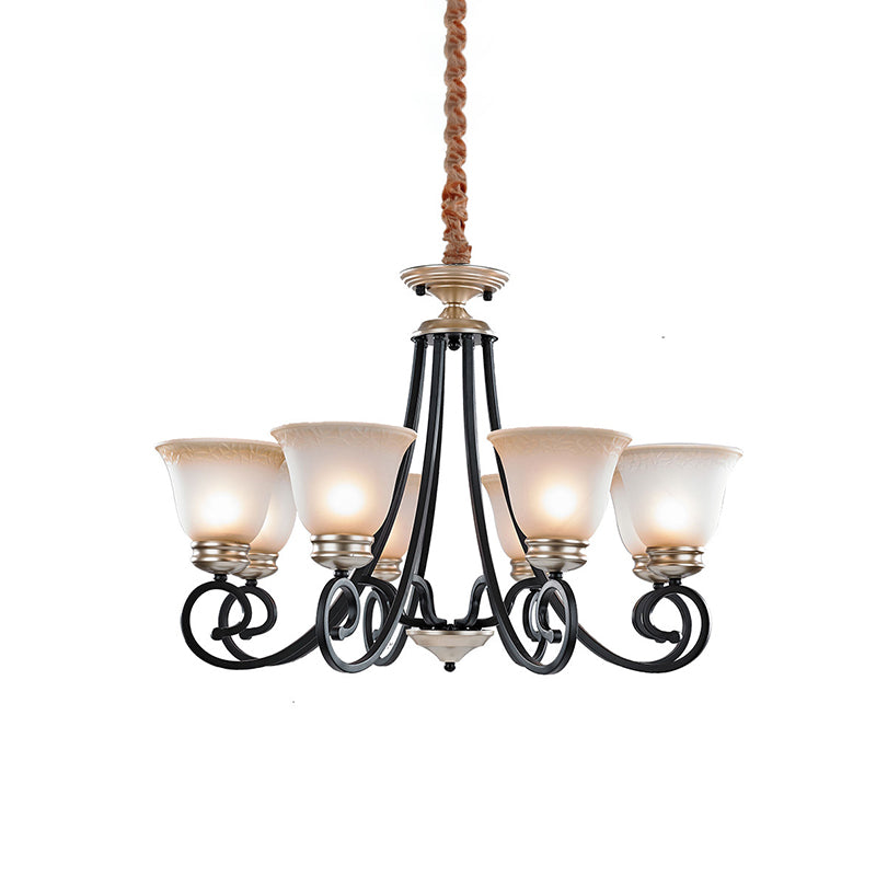 6/8 Heads Frosted Glass Chandelier Classic Black Flared Living Room Pendant Light with Scrolled Arm Clearhalo 'Ceiling Lights' 'Chandeliers' Lighting' options 817176