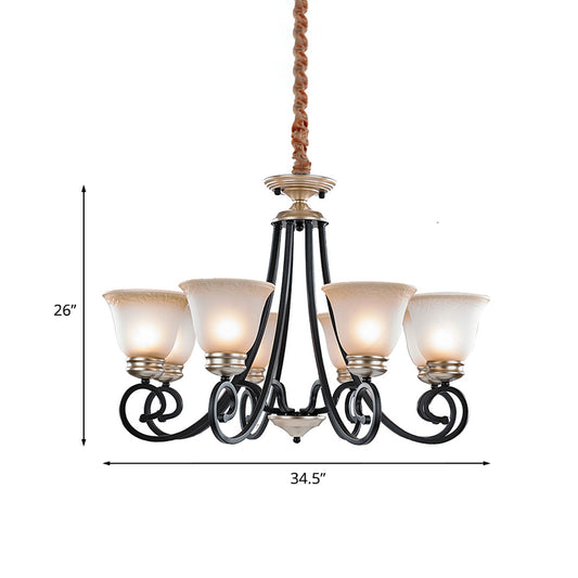 6/8 Heads Frosted Glass Chandelier Classic Black Flared Living Room Pendant Light with Scrolled Arm Clearhalo 'Ceiling Lights' 'Chandeliers' Lighting' options 817177