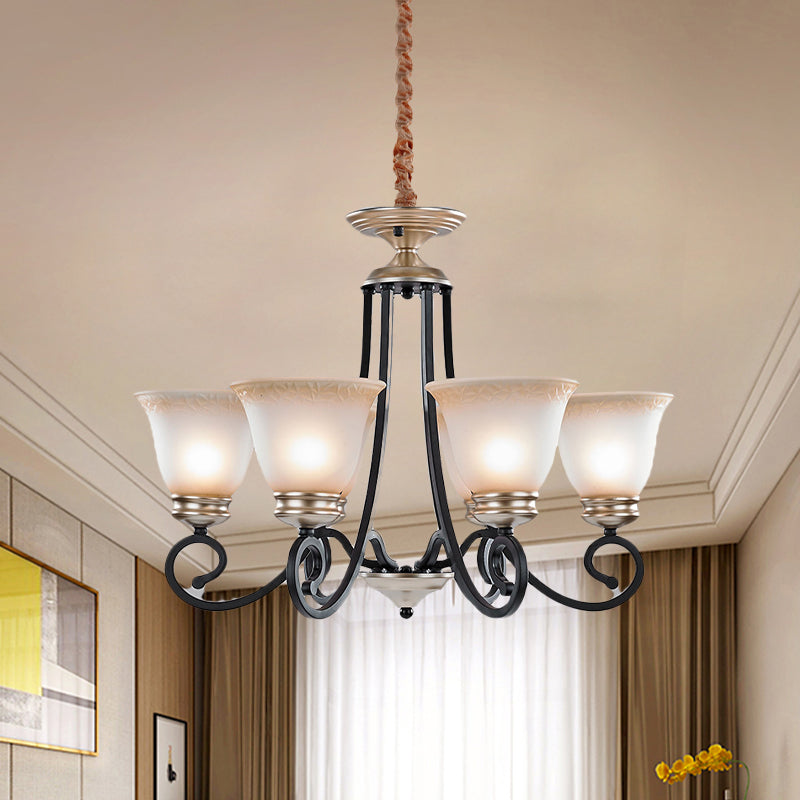 6/8 Heads Frosted Glass Chandelier Classic Black Flared Living Room Pendant Light with Scrolled Arm Clearhalo 'Ceiling Lights' 'Chandeliers' Lighting' options 817178