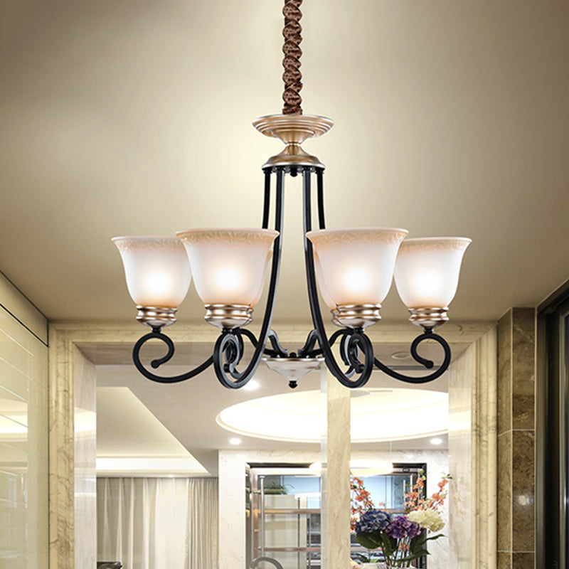 6/8 Heads Frosted Glass Chandelier Classic Black Flared Living Room Pendant Light with Scrolled Arm Clearhalo 'Ceiling Lights' 'Chandeliers' Lighting' options 817179