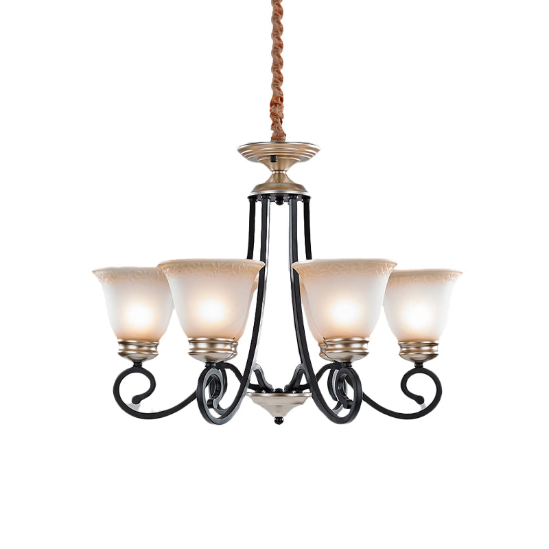 6/8 Heads Frosted Glass Chandelier Classic Black Flared Living Room Pendant Light with Scrolled Arm Clearhalo 'Ceiling Lights' 'Chandeliers' Lighting' options 817180