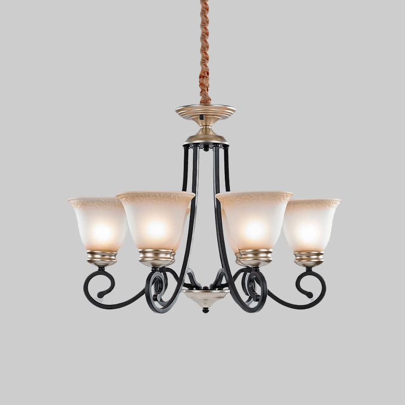 6/8 Heads Frosted Glass Chandelier Classic Black Flared Living Room Pendant Light with Scrolled Arm Clearhalo 'Ceiling Lights' 'Chandeliers' Lighting' options 817181