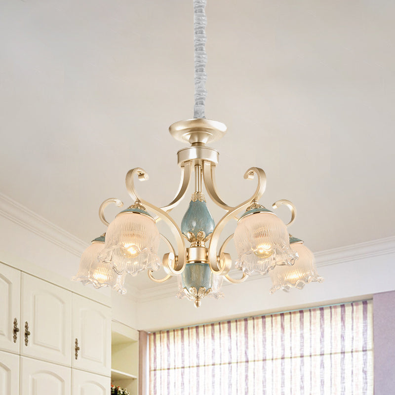 Traditional Floral Ceiling Chandelier 3/5/6 Lights Frosted Glass Pendant Lighting Fixture in Gold Clearhalo 'Ceiling Lights' 'Chandeliers' Lighting' options 817228