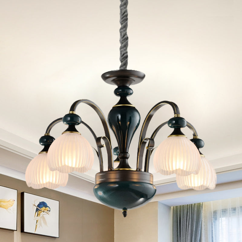 Dome Ribbed Glass Chandelier Traditionalist 3/5 Bulbs Dining Room Down Lighting Pendant in Black Clearhalo 'Ceiling Lights' 'Chandeliers' Lighting' options 817248