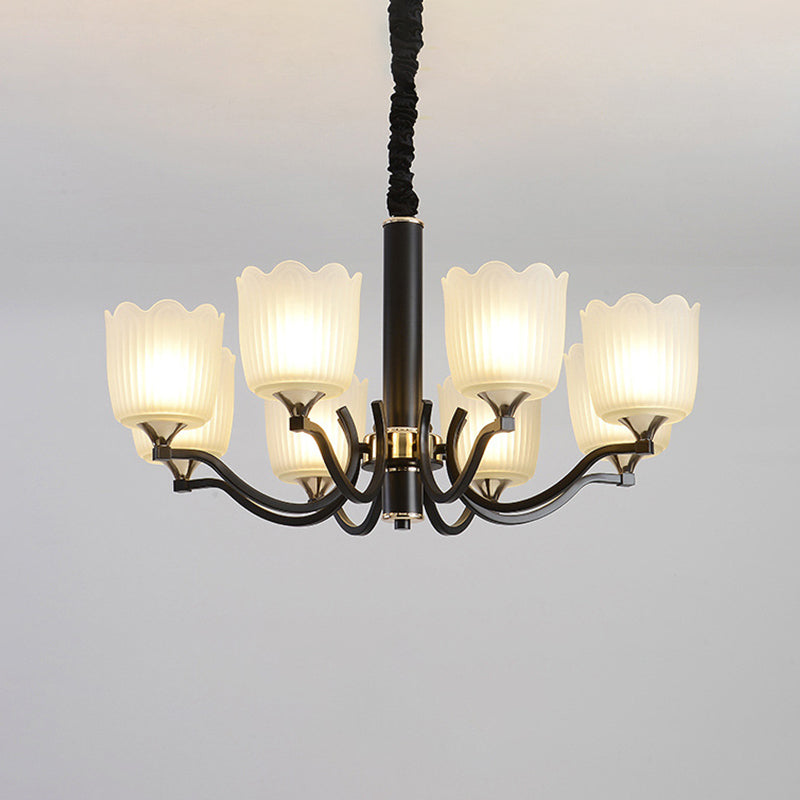Scalloped Cup Shape Living Room Pendant Traditional Opal Ribbed Glass 3/6/8-Bulb Black Ceiling Chandelier Clearhalo 'Ceiling Lights' 'Chandeliers' Lighting' options 817341