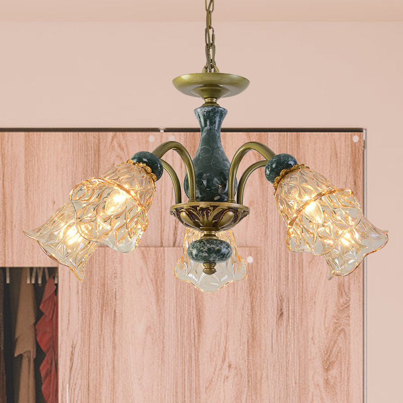 Countryside Flower Pendant Chandelier 3/5/6 Heads Tan Glass Suspension Light in Brass with Ceramics Accent Clearhalo 'Ceiling Lights' 'Chandeliers' Lighting' options 817367