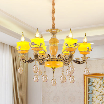 6/8 Lights Jade Ceiling Chandelier Antique Gold Candelabra Dining Room Pendant with Dangling Crystal 6 Gold Clearhalo 'Ceiling Lights' 'Chandeliers' Lighting' options 817396_19a5e90b-4209-4d4e-b35d-43788933d587