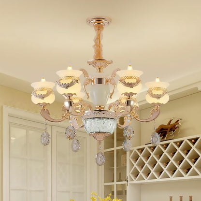 Clear Glass Candle Chandelier Traditional 6/8 Heads Bedroom Hanging Light in Gold with Crystal Draping 6 Gold Clearhalo 'Ceiling Lights' 'Chandeliers' Lighting' options 817405_c3dbb02d-1f9c-42b6-8a14-e68d34c27200
