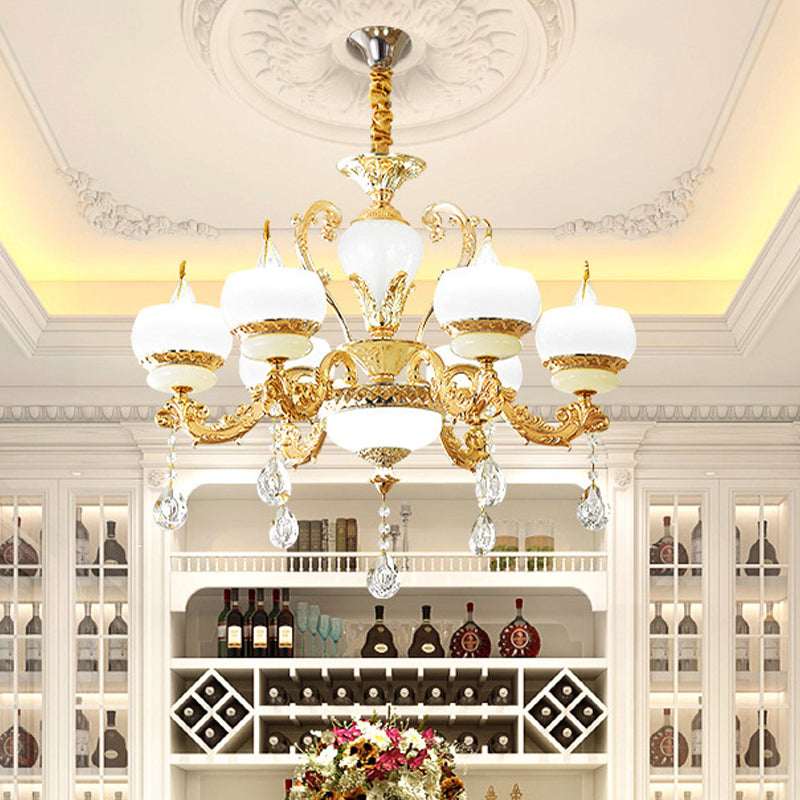 Candle Jade Pendant Chandelier Vintage 6/8-Light Dining Room Hanging Lamp in Gold with Crystal Draping 6 Gold Clearhalo 'Ceiling Lights' 'Chandeliers' Lighting' options 817423_ab24a7aa-6eaa-4a32-96f9-861dd6dd5c6a