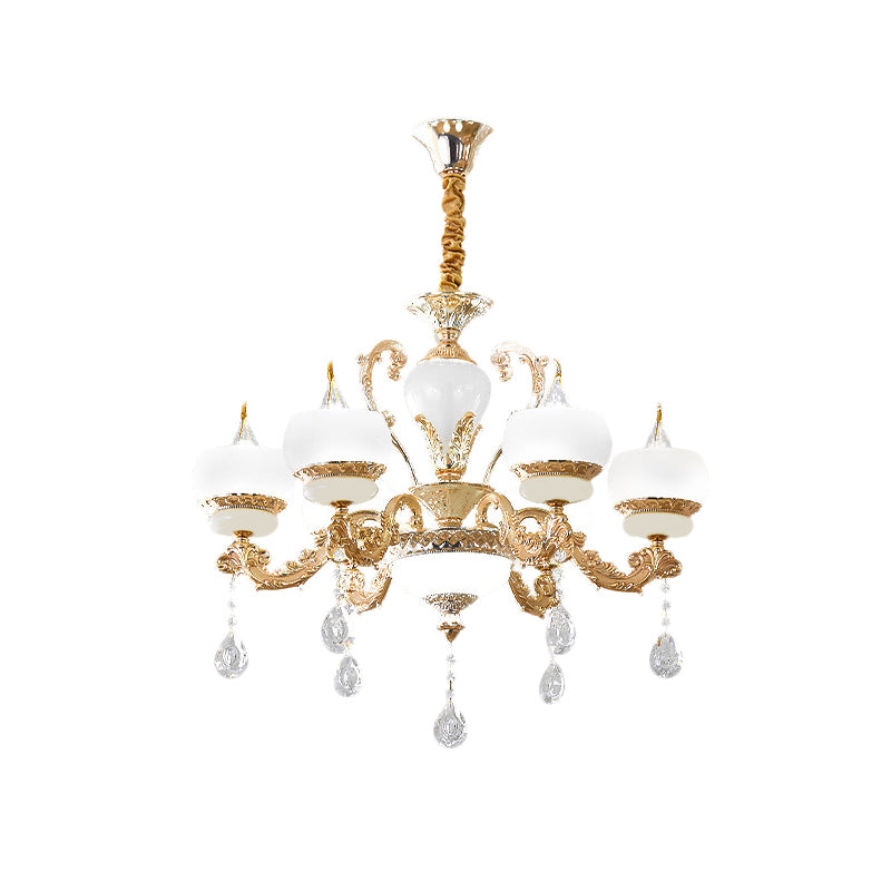 Candle Jade Pendant Chandelier Vintage 6/8-Light Dining Room Hanging Lamp in Gold with Crystal Draping Clearhalo 'Ceiling Lights' 'Chandeliers' Lighting' options 817424