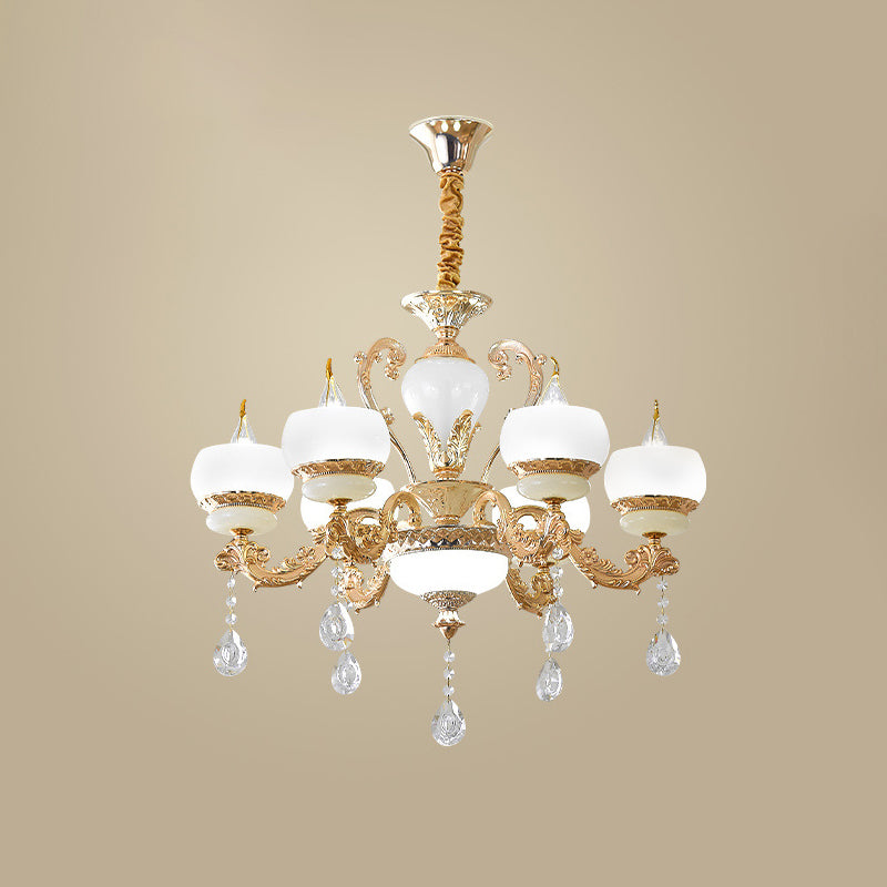 Candle Jade Pendant Chandelier Vintage 6/8-Light Dining Room Hanging Lamp in Gold with Crystal Draping Clearhalo 'Ceiling Lights' 'Chandeliers' Lighting' options 817425