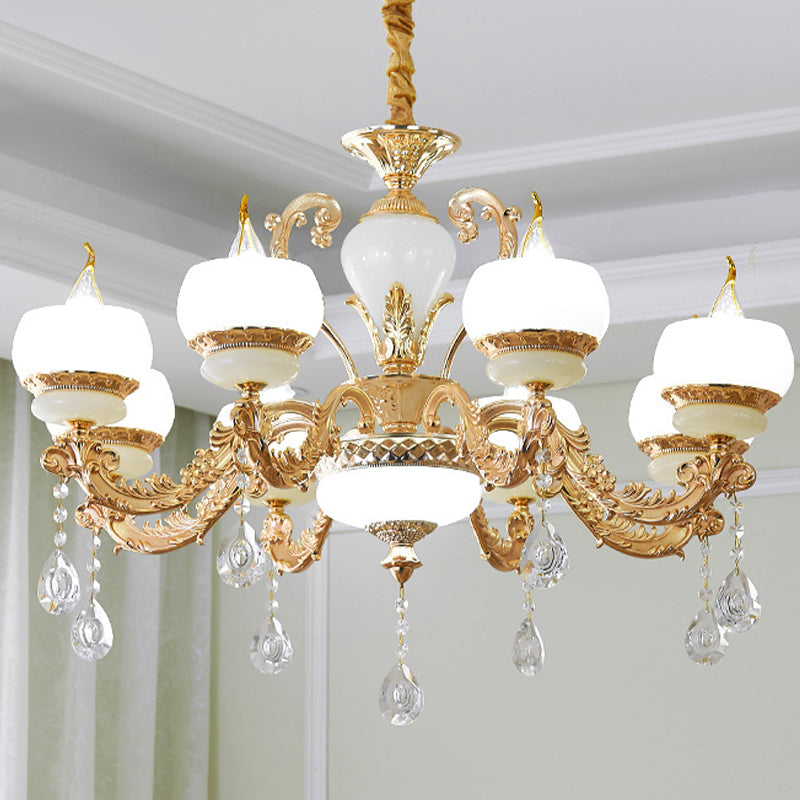 Candle Jade Pendant Chandelier Vintage 6/8-Light Dining Room Hanging Lamp in Gold with Crystal Draping 8 Gold Clearhalo 'Ceiling Lights' 'Chandeliers' Lighting' options 817427_e7ce5bc2-4882-41cb-a007-0eb1b069f15c