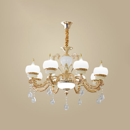 Candle Jade Pendant Chandelier Vintage 6/8-Light Dining Room Hanging Lamp in Gold with Crystal Draping Clearhalo 'Ceiling Lights' 'Chandeliers' Lighting' options 817430