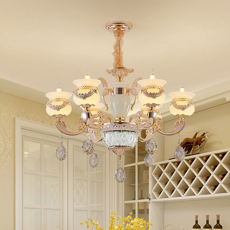 Jade Gold Chandelier Lighting Candle 6 Lights Traditional Ceiling Pendant Light with Crystal Drop Gold Clearhalo 'Ceiling Lights' 'Chandeliers' Lighting' options 817432_ef014f08-d7f3-4a1f-9dbe-3a9018b9c9d7