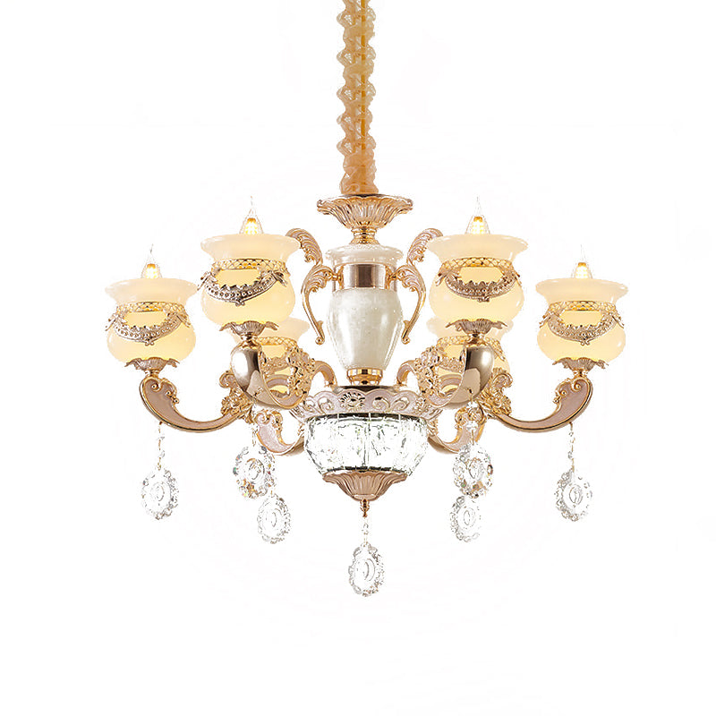 Jade Gold Chandelier Lighting Candle 6 Lights Traditional Ceiling Pendant Light with Crystal Drop Clearhalo 'Ceiling Lights' 'Chandeliers' Lighting' options 817433