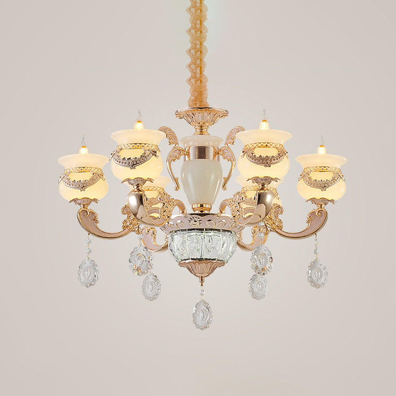 Jade Gold Chandelier Lighting Candle 6 Lights Traditional Ceiling Pendant Light with Crystal Drop Clearhalo 'Ceiling Lights' 'Chandeliers' Lighting' options 817434