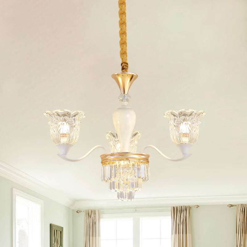 Blossom Bedroom Chandelier Lamp Traditional Clear Crystal Glass 3/6-Head Gold Suspension Pendant 3 Gold Clearhalo 'Ceiling Lights' 'Chandeliers' Lighting' options 817436_16b0585d-3d83-451e-8d54-a181d639407b
