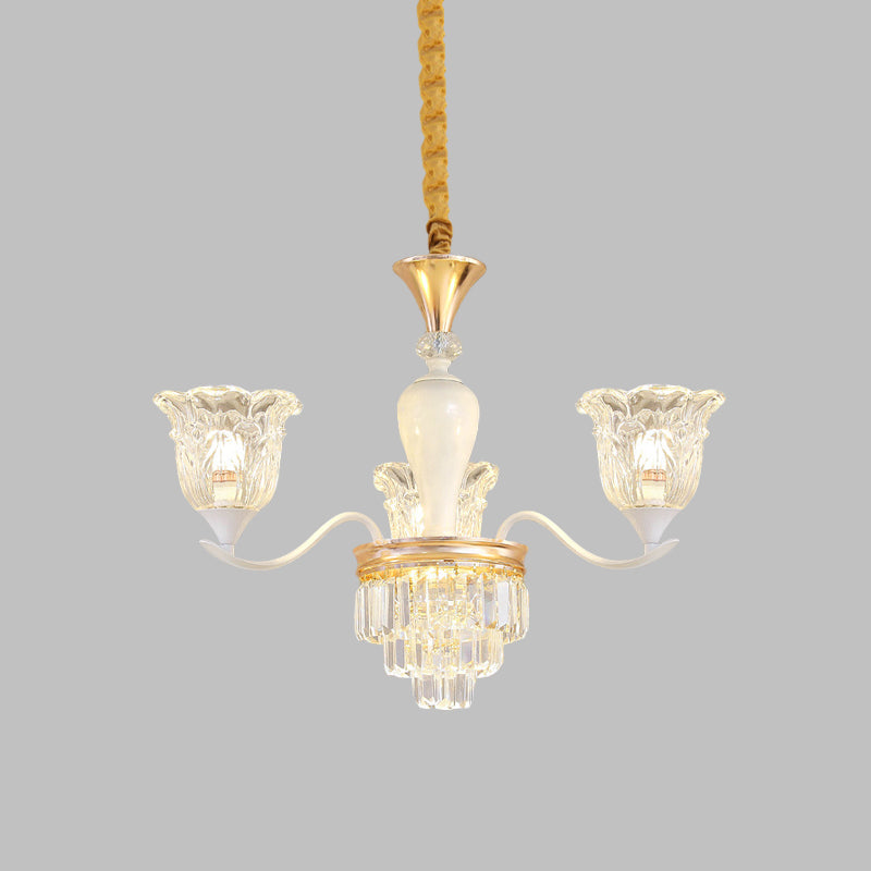 Blossom Bedroom Chandelier Lamp Traditional Clear Crystal Glass 3/6-Head Gold Suspension Pendant Clearhalo 'Ceiling Lights' 'Chandeliers' Lighting' options 817438