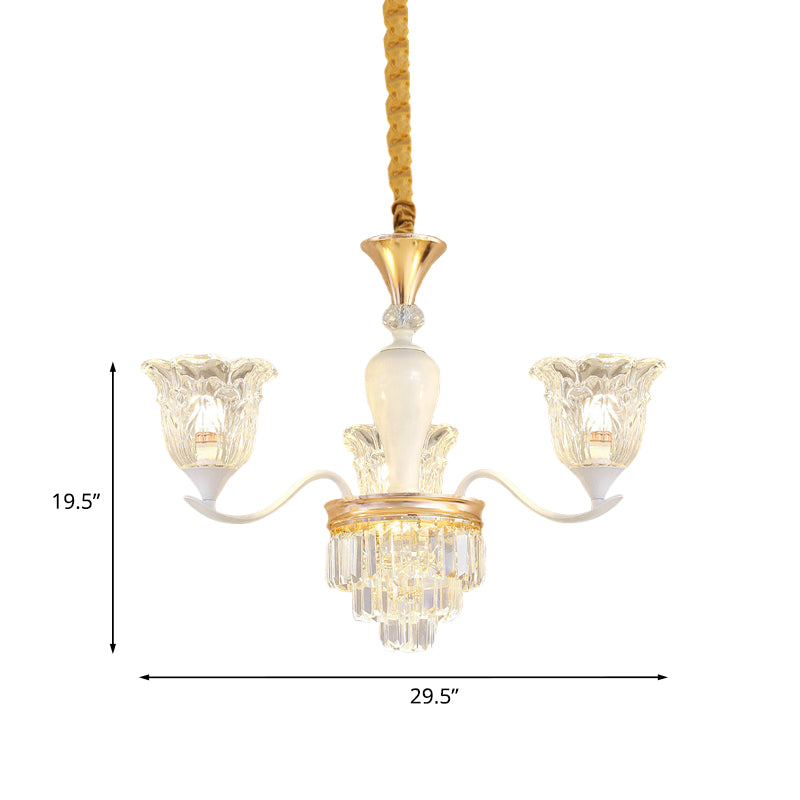 Blossom Bedroom Chandelier Lamp Traditional Clear Crystal Glass 3/6-Head Gold Suspension Pendant Clearhalo 'Ceiling Lights' 'Chandeliers' Lighting' options 817439