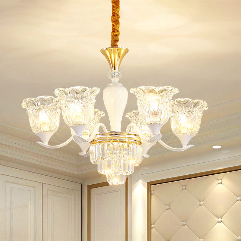 Blossom Bedroom Chandelier Lamp Traditional Clear Crystal Glass 3/6-Head Gold Suspension Pendant 6 Gold Clearhalo 'Ceiling Lights' 'Chandeliers' Lighting' options 817440_c43ac10d-fcf6-463b-8da9-3e5c75fdda32