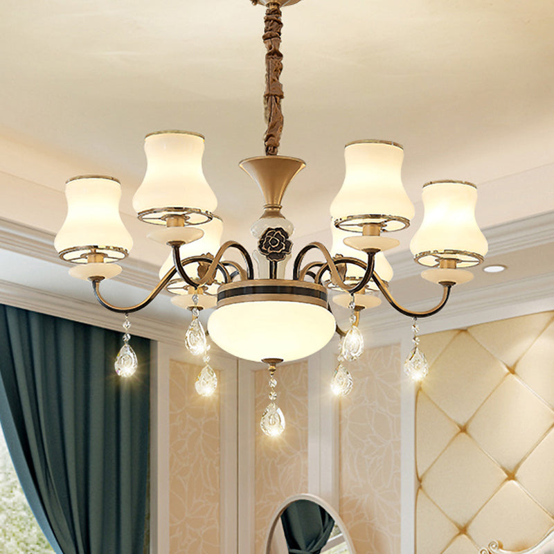 Cream Glass Brass Chandelier Light Curved Arm 3/6 Bulbs Traditional Hanging Lamp with Crystal Drop 6 Brass Clearhalo 'Ceiling Lights' 'Chandeliers' Lighting' options 817445_9c29e2f6-555e-4c7f-ba2f-8689becc2e78