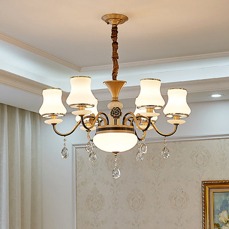 Cream Glass Brass Chandelier Light Curved Arm 3/6 Bulbs Traditional Hanging Lamp with Crystal Drop Clearhalo 'Ceiling Lights' 'Chandeliers' Lighting' options 817446