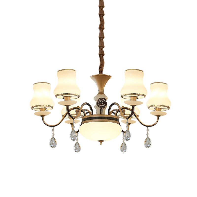 Cream Glass Brass Chandelier Light Curved Arm 3/6 Bulbs Traditional Hanging Lamp with Crystal Drop Clearhalo 'Ceiling Lights' 'Chandeliers' Lighting' options 817447