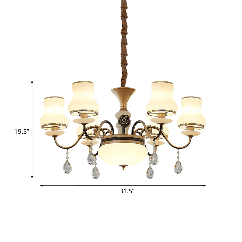 Cream Glass Brass Chandelier Light Curved Arm 3/6 Bulbs Traditional Hanging Lamp with Crystal Drop Clearhalo 'Ceiling Lights' 'Chandeliers' Lighting' options 817448