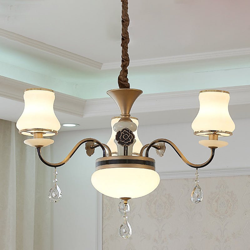 Cream Glass Brass Chandelier Light Curved Arm 3/6 Bulbs Traditional Hanging Lamp with Crystal Drop 3 Brass Clearhalo 'Ceiling Lights' 'Chandeliers' Lighting' options 817449_6f06b921-2001-4fd8-ba91-ac84c03da833