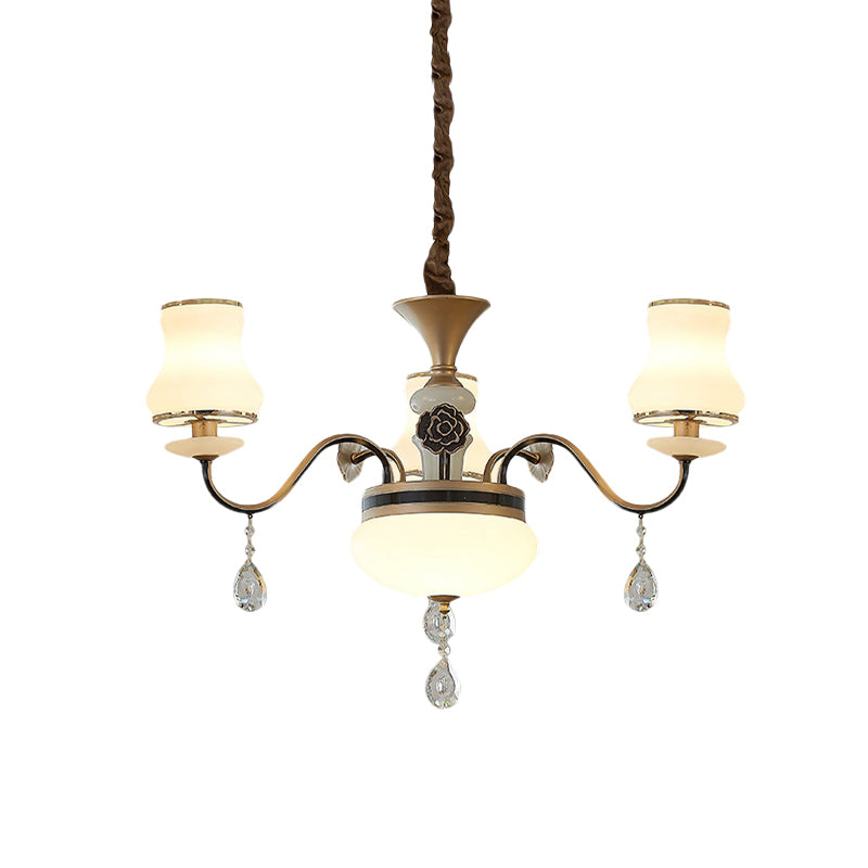 Cream Glass Brass Chandelier Light Curved Arm 3/6 Bulbs Traditional Hanging Lamp with Crystal Drop Clearhalo 'Ceiling Lights' 'Chandeliers' Lighting' options 817451