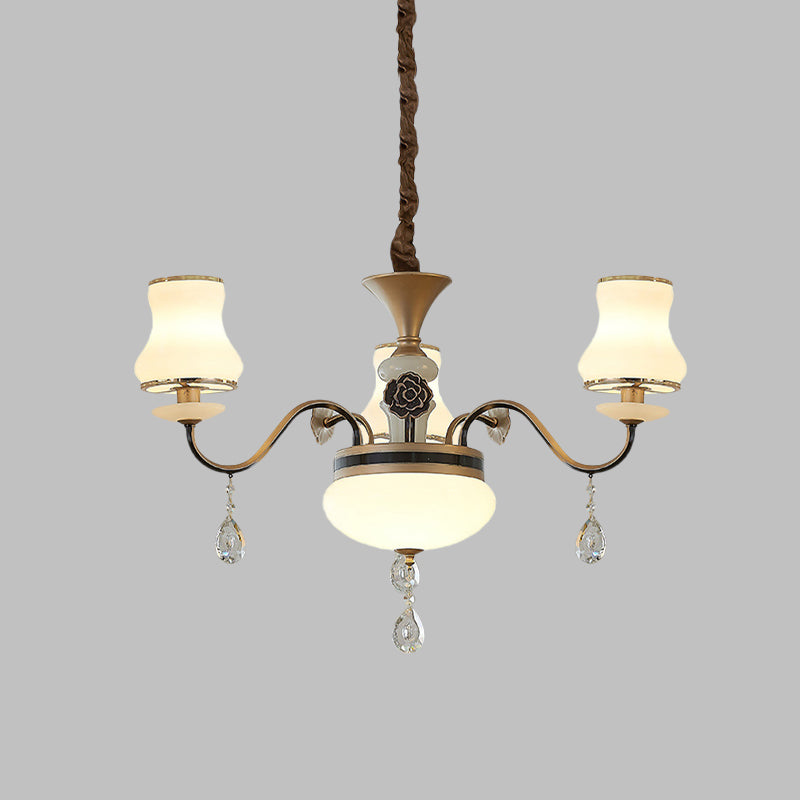 Cream Glass Brass Chandelier Light Curved Arm 3/6 Bulbs Traditional Hanging Lamp with Crystal Drop Clearhalo 'Ceiling Lights' 'Chandeliers' Lighting' options 817452