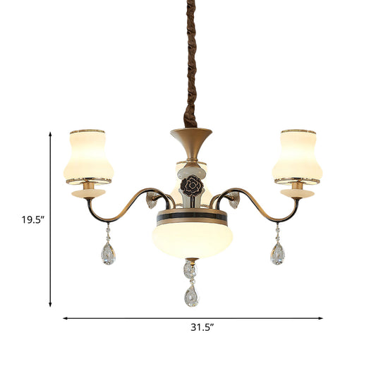 Cream Glass Brass Chandelier Light Curved Arm 3/6 Bulbs Traditional Hanging Lamp with Crystal Drop Clearhalo 'Ceiling Lights' 'Chandeliers' Lighting' options 817453